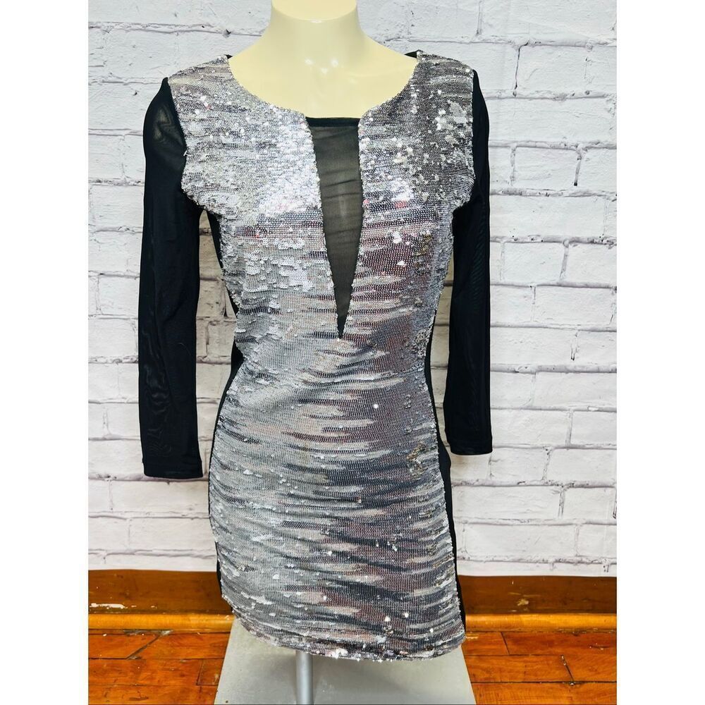 Bebe Addiction Womens Black Silver Sequins Mesh 3/4 Sleeve Bodycon Dress Medium